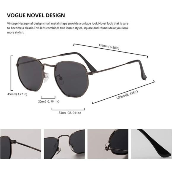 Hipster Hexagonal Polarized Sunglasses Men Women Geometric Square Small Vintage - Picture 5 of 6